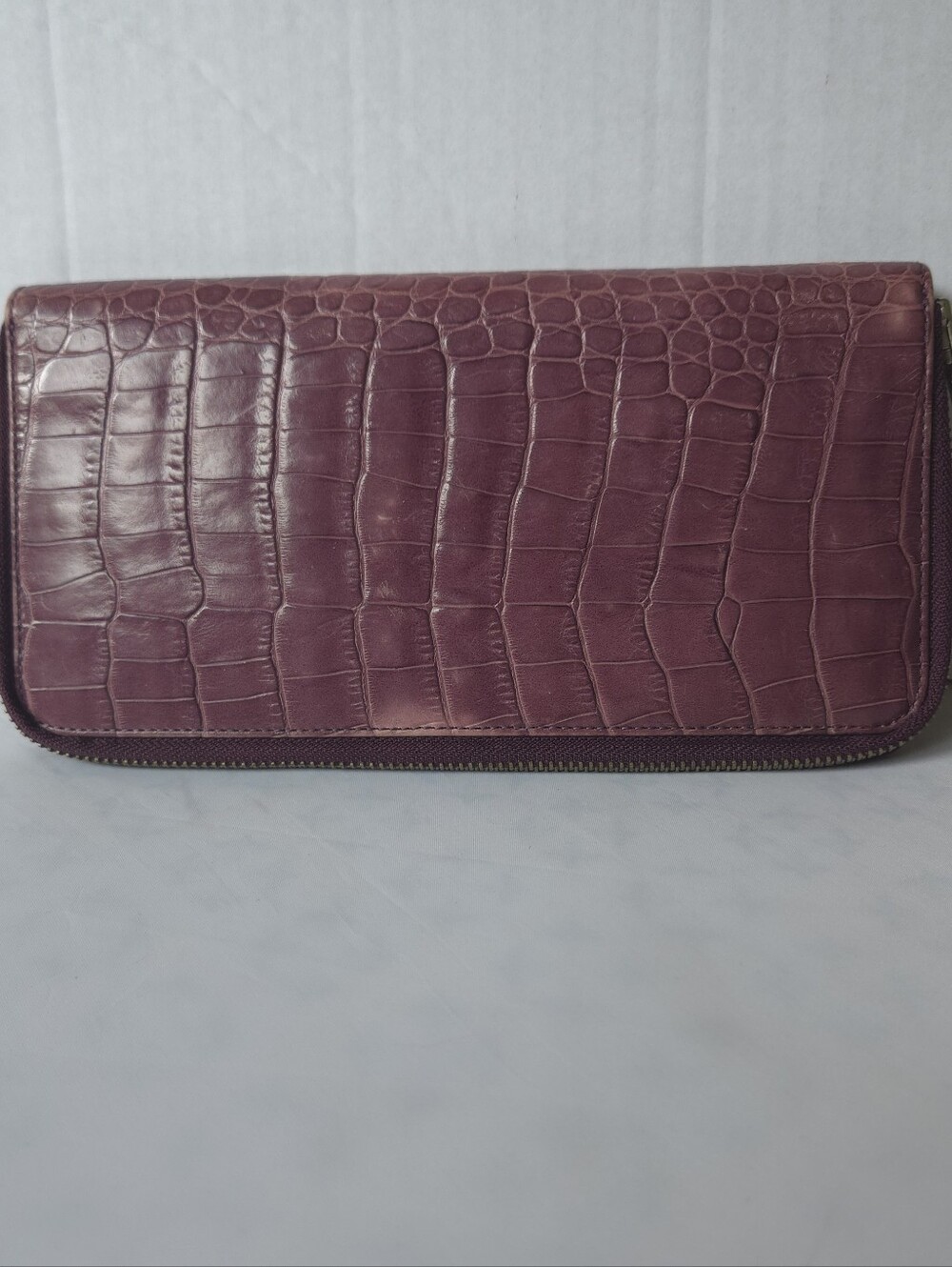Club Monaco Purple Croc Embossed Leather Zip Around Travel Wallet Clutch